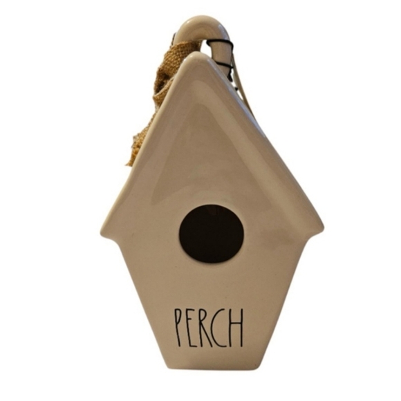 Rae Dunn Perch Ceramic LL Decorative Slant Roof Birdhouse with Burlap - Picture 1 of 10